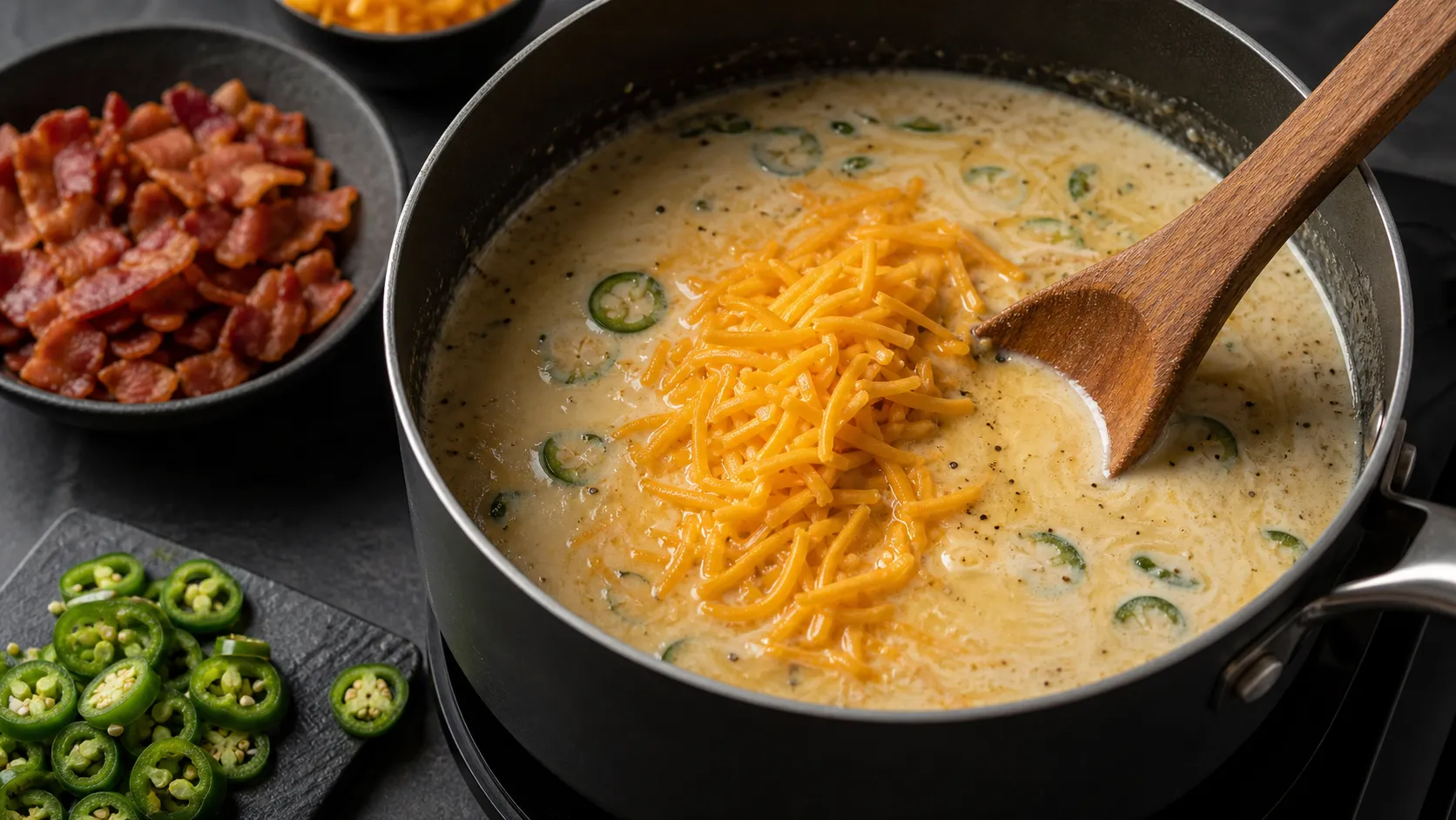 Cheddar wird in eine heisse Sahne-Brühe für Keto-Jalapeno-Käsesuppe eingeruehrt