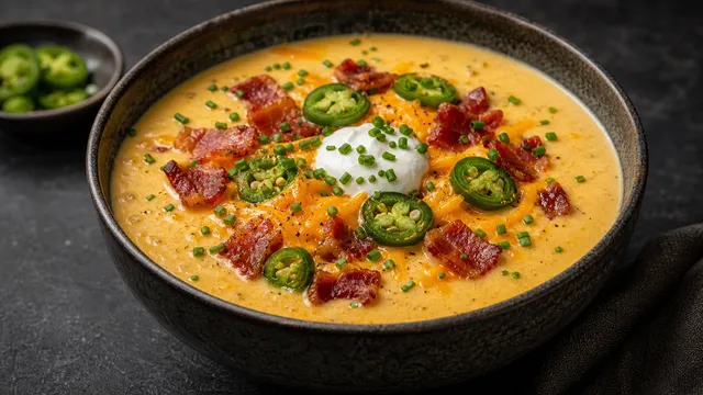 Fertige Keto-Jalapeno-Käsesuppe mit Cheddar, Speck, Sauerrahm und Schnittlauch