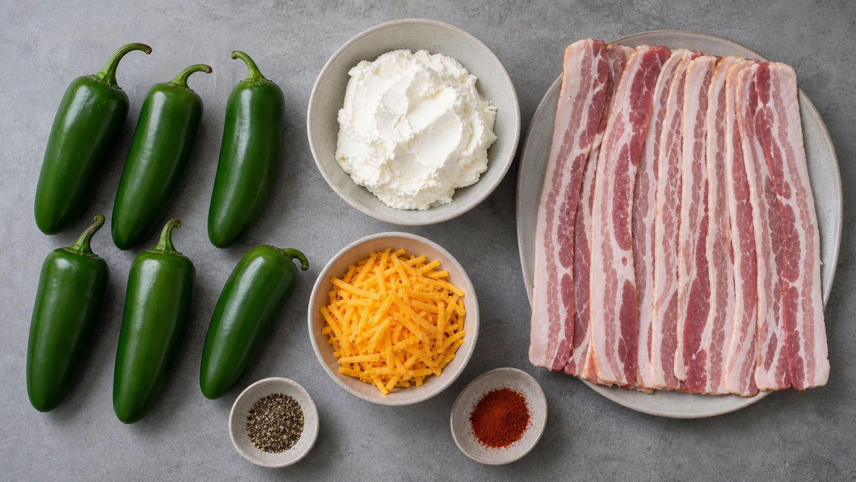 Zutaten für Keto Jalapeño-Popper: Jalapeños, Frischkäse, geriebener Cheddar und Speckstreifen