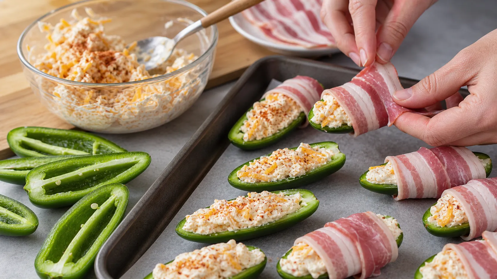 Halbierte und entkernte Jalapeños werden mit Frischkäse-Cheddar-Masse gefüllt und mit Speck umwickelt