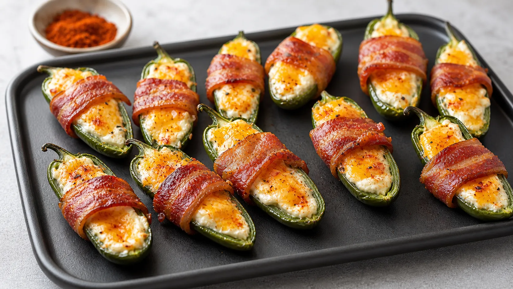 Keto Jalapeño-Popper mit Frischkäse-Cheddar-Füllung und knusprigem Speckmantel auf einem Blech