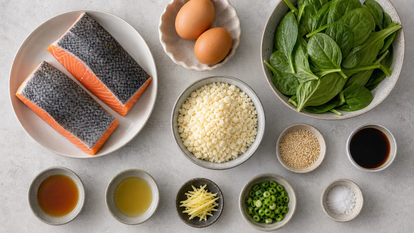 Zutaten für das japanische Keto-Frühstück: Lachsfilets, Eier, Blattspinat, Sesam, Sojasauce, Sesamöl, Ingwer und Frühlingszwiebel