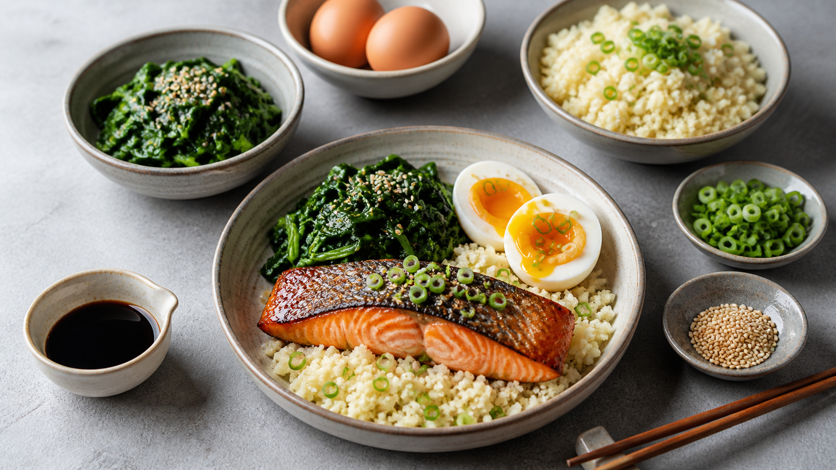 Keto japanisches Frühstück im Schalen-Set: gebratenes Lachsfilet, Sesam-Spinat, wachsweiches Ei und Blumenkohlreis