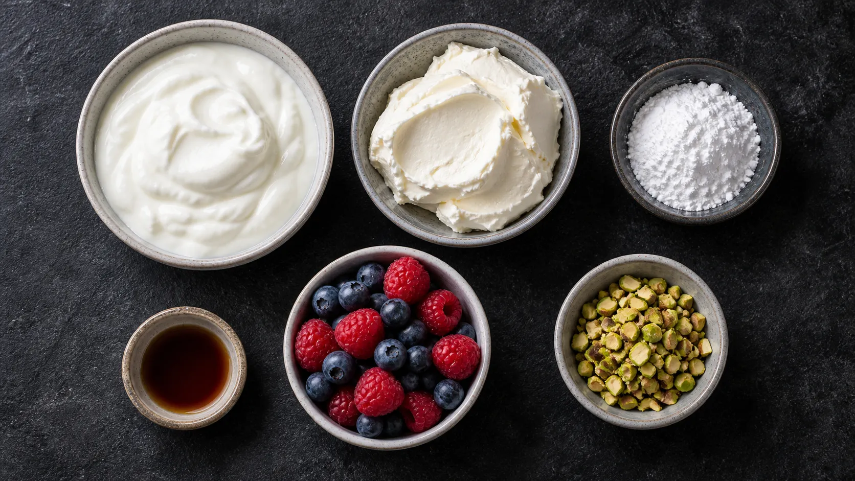 Zutaten für Keto-Joghurt-Bark: griechischer Joghurt, Mascarpone, Erythrit, Beeren und Pistazien