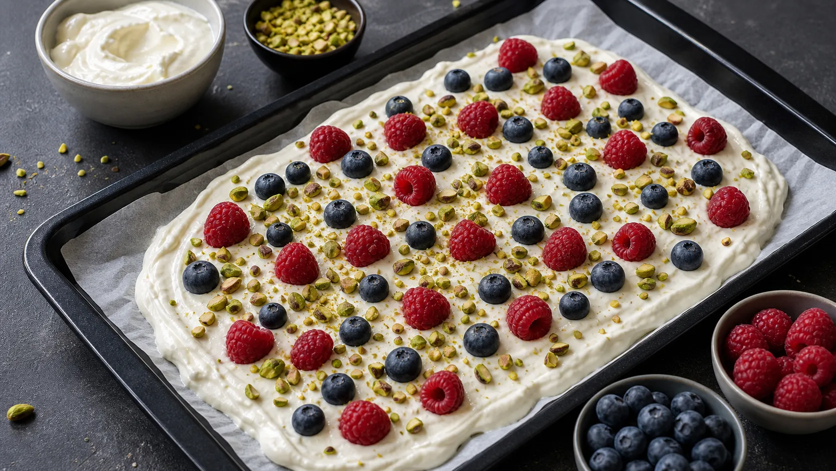 Joghurt-Mascarpone-Masse wird auf einem Blech verstrichen und mit Beeren und Pistazien belegt
