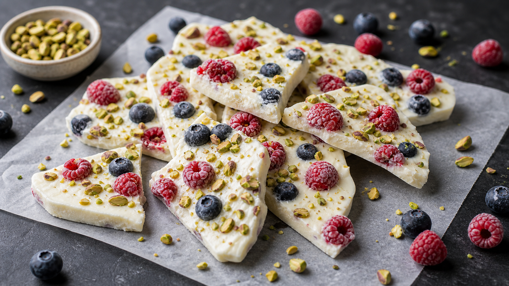 Gebrochene Stücke gefrorener Keto-Joghurt-Bark mit Himbeeren, Heidelbeeren und gehackten Pistazien