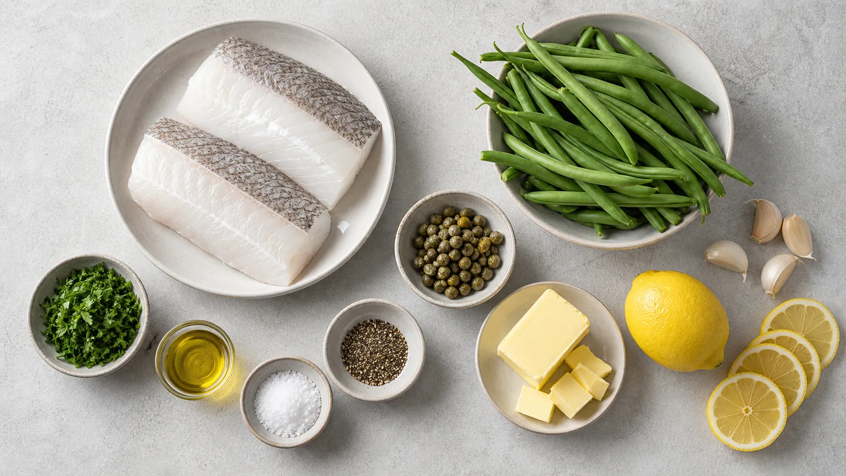 Zutaten für Keto Kabeljau mit Kapern-Butter: Kabeljaufilet, grüne Bohnen, Butter, Kapern, Zitrone, Knoblauch und Petersilie