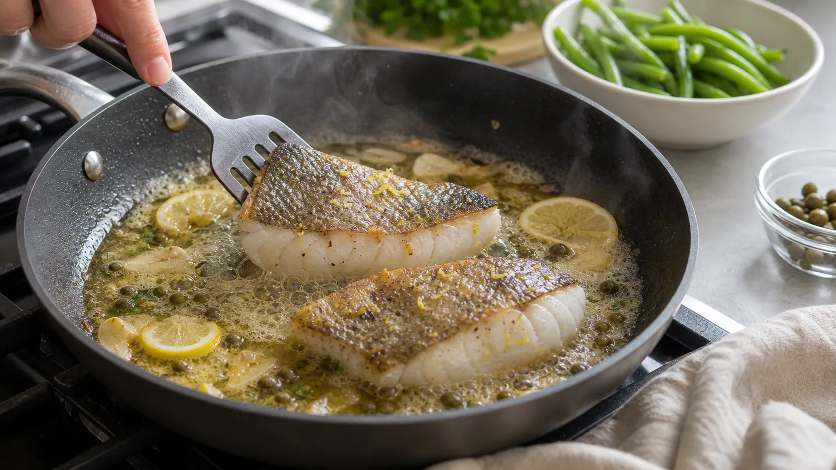 Kabeljaufilet brät in Zitronen-Kapern-Butter mit Knoblauch in der Pfanne