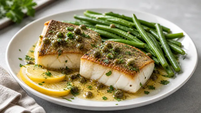 Keto Kabeljaufilet mit Zitronen-Kapern-Butter und grünen Bohnen auf hellem Teller