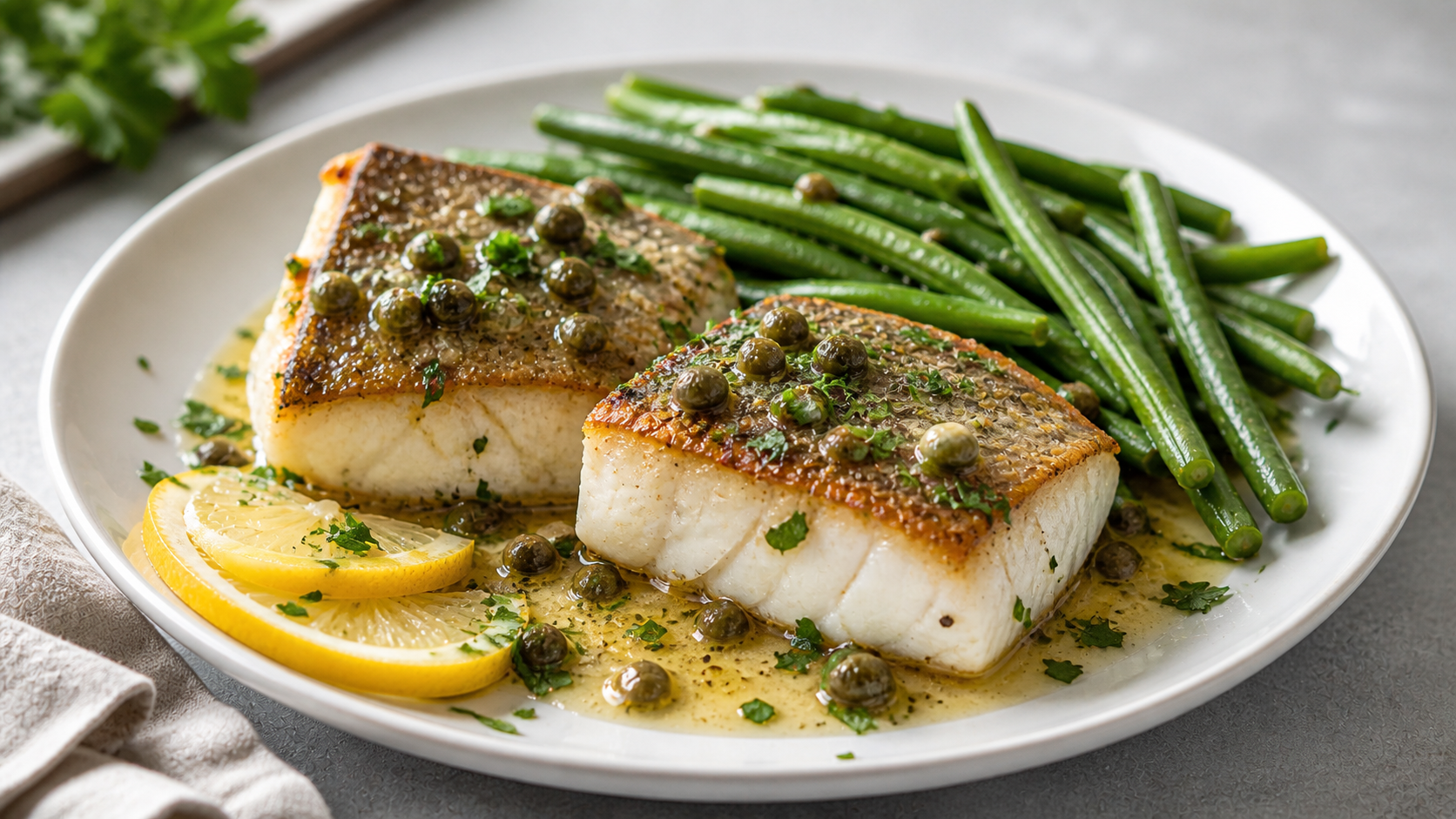 Keto Kabeljaufilet mit Zitronen-Kapern-Butter und grünen Bohnen auf hellem Teller