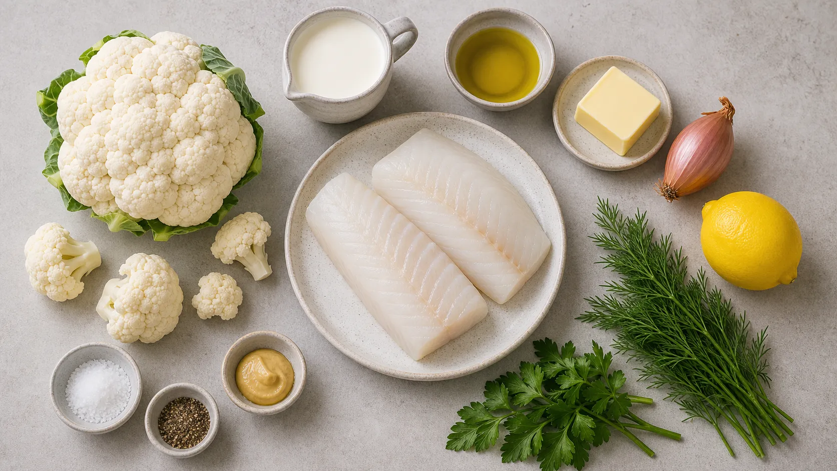 Zutaten für Keto Kabeljau mit Kräuter-Sahne-Sauce, Blumenkohl, Sahne, Butter und Dill