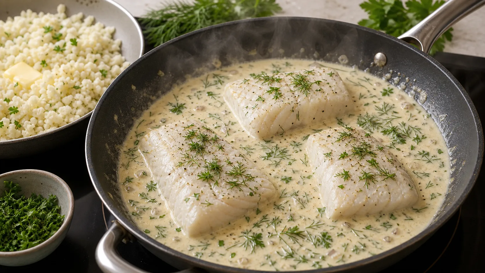 Kabeljaufilet gart in cremiger Sahnesauce in der Pfanne, daneben Blumenkohlreis