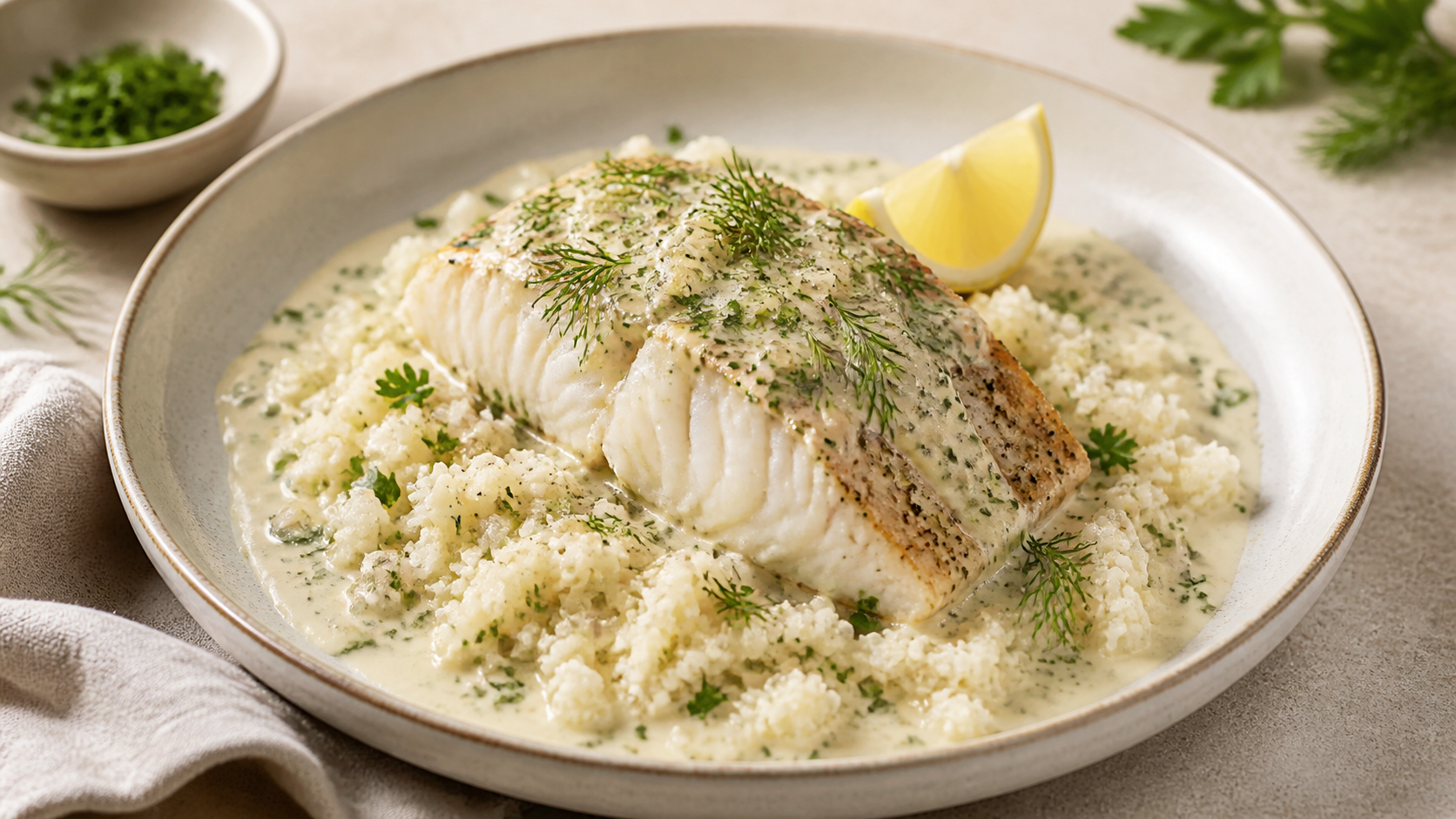 Keto Kabeljaufilet in cremiger Kräuter-Sahne-Sauce auf Blumenkohlreis mit Dill