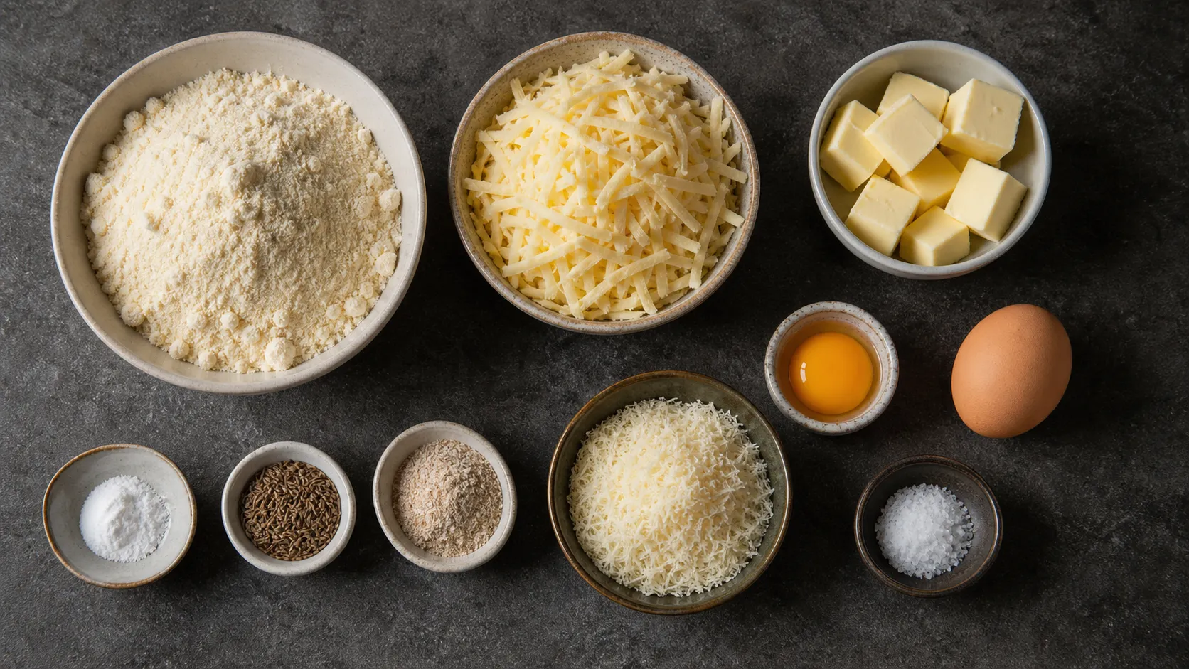 Zutaten: entöltes Mandelmehl, geriebener Bergkäse, kalte Butterwürfel, ein Ei, Flohsamenschalen, Kümmel und Parmesan