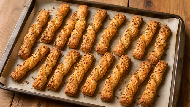 Goldbraune, gedrehte Käsestangen mit Kümmel und geriebenem Käse auf einem Backblech mit Backpapier