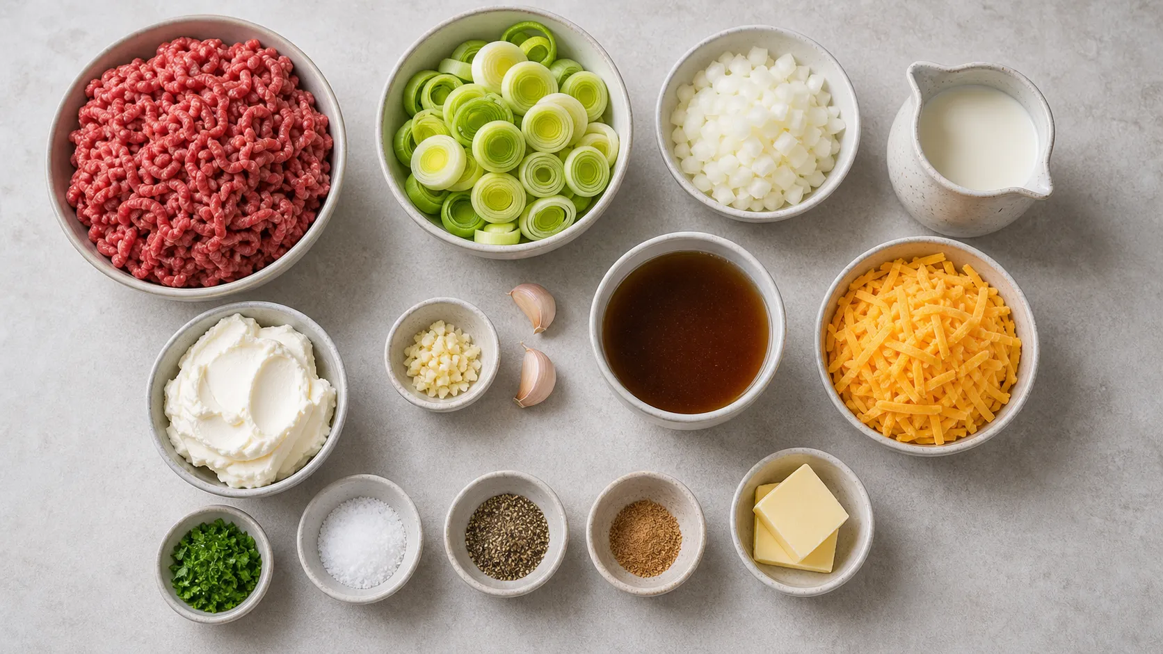 Zutaten für Keto Käse-Lauch-Suppe: Rinderhackfleisch, Lauchringe, Frischkäse, Cheddar, Sahne, Brühe, Zwiebel, Knoblauch