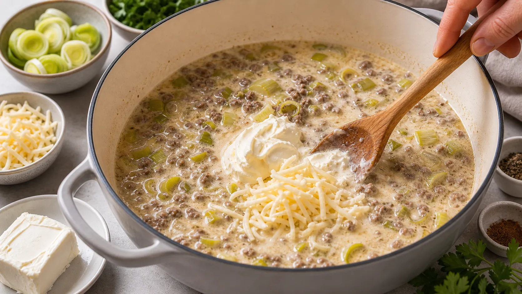 Käse-Lauch-Suppe köchelt im großen Topf mit Hackfleisch und Lauchringen vor dem Einrühren des Käses