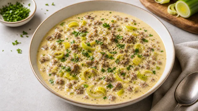 Cremige Keto Käse-Lauch-Suppe mit Hackfleisch und Lauchringen in tiefem Teller mit Petersilie