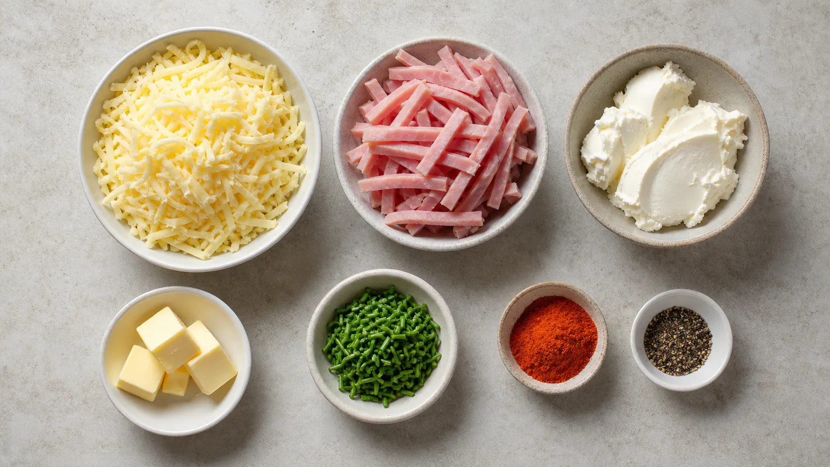 Zutaten für eine Keto-Käse-Quesadilla: geriebener Gouda, Kochschinken, Frischkäse, Butter und Schnittlauch