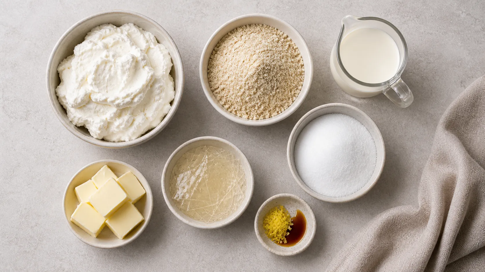 Zutaten für Keto Käse-Sahne-Torte: Quark, Sahne, Mandelmehl, Gelatine und Erythrit