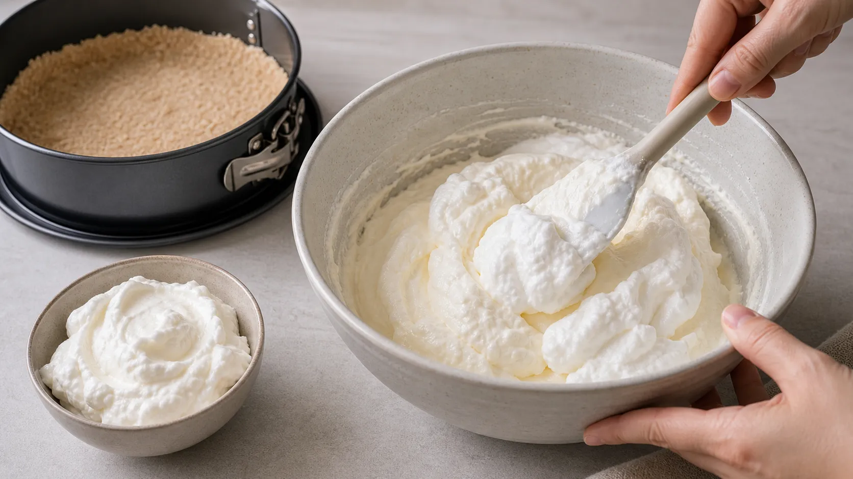 Quarkmasse mit Gelatine wird mit steifer Sahne unterheben