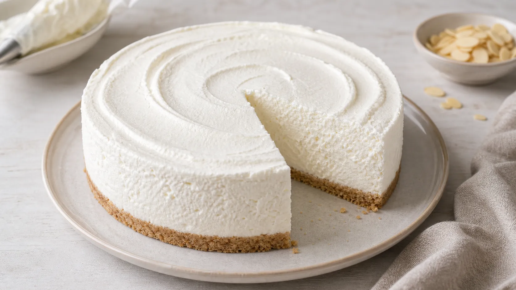 Keto Käse-Sahne-Torte mit hellem luftigen Belag auf Mandelmehlboden