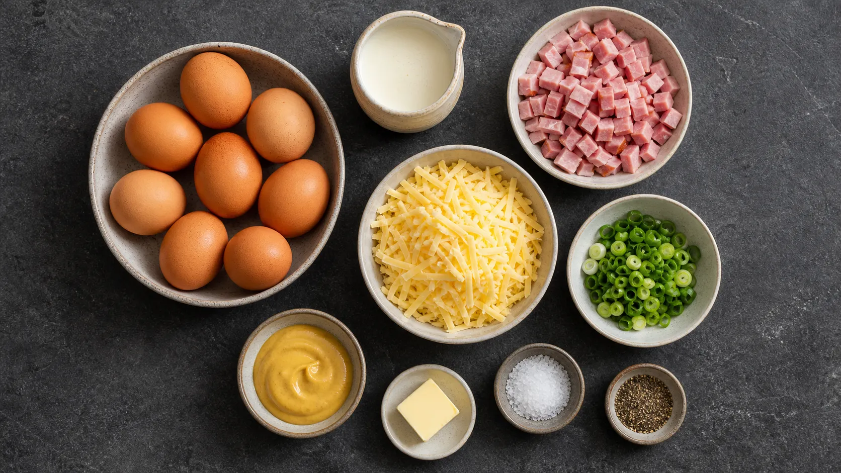 Zutaten für Keto-Frühstücksauflauf: Eier, Kochschinken, geriebener Käse, Sahne und Frühlingszwiebeln
