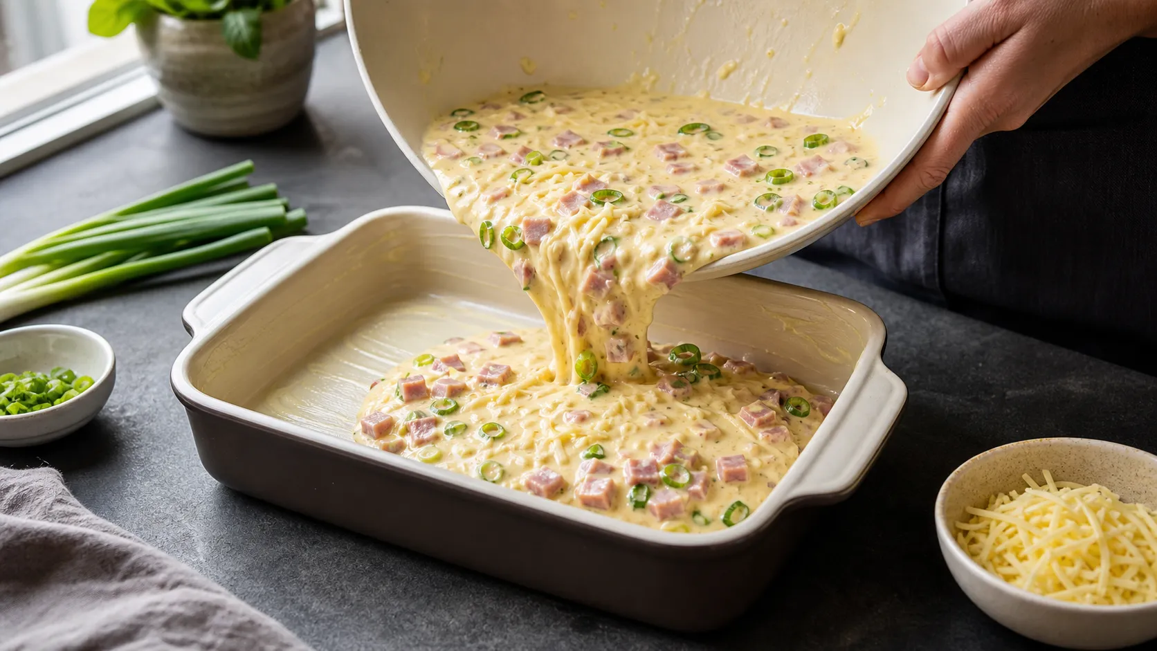 Eimasse mit Schinken und Käse wird in eine Auflaufform gegossen, bevor sie in den Ofen kommt