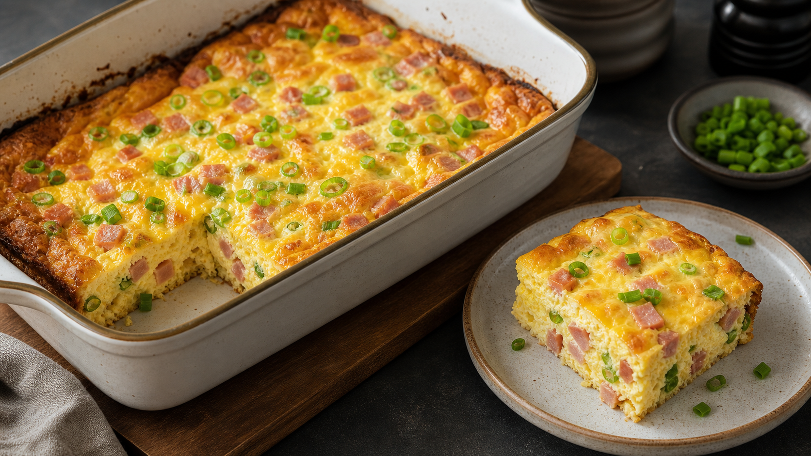 Goldgelb überbackener Keto-Frühstücksauflauf mit Eiern, Kochschinken und Käse in einer Auflaufform