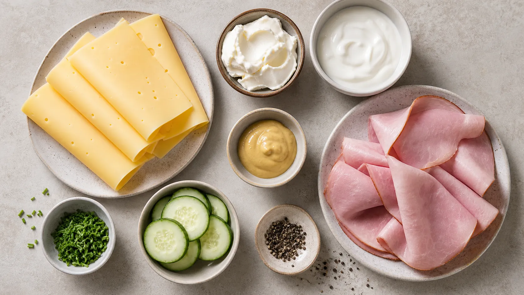 Zutaten für Keto Käse-Schinken-Röllchen mit Senf-Dip: Gouda, Kochschinken, Frischkäse, Schmand, Dijonsenf und Schnittlauch
