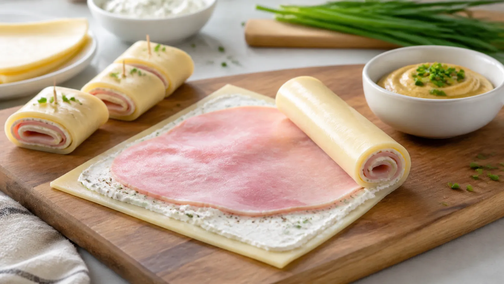 Gouda-Scheibe mit Frischkäse und Kochschinken wird zu einem Keto Käse-Schinken-Röllchen aufgerollt