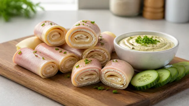 Keto Käse-Schinken-Röllchen aufgeschnitten auf einem Holzbrett neben einer Schale Senf-Dip mit Schnittlauch