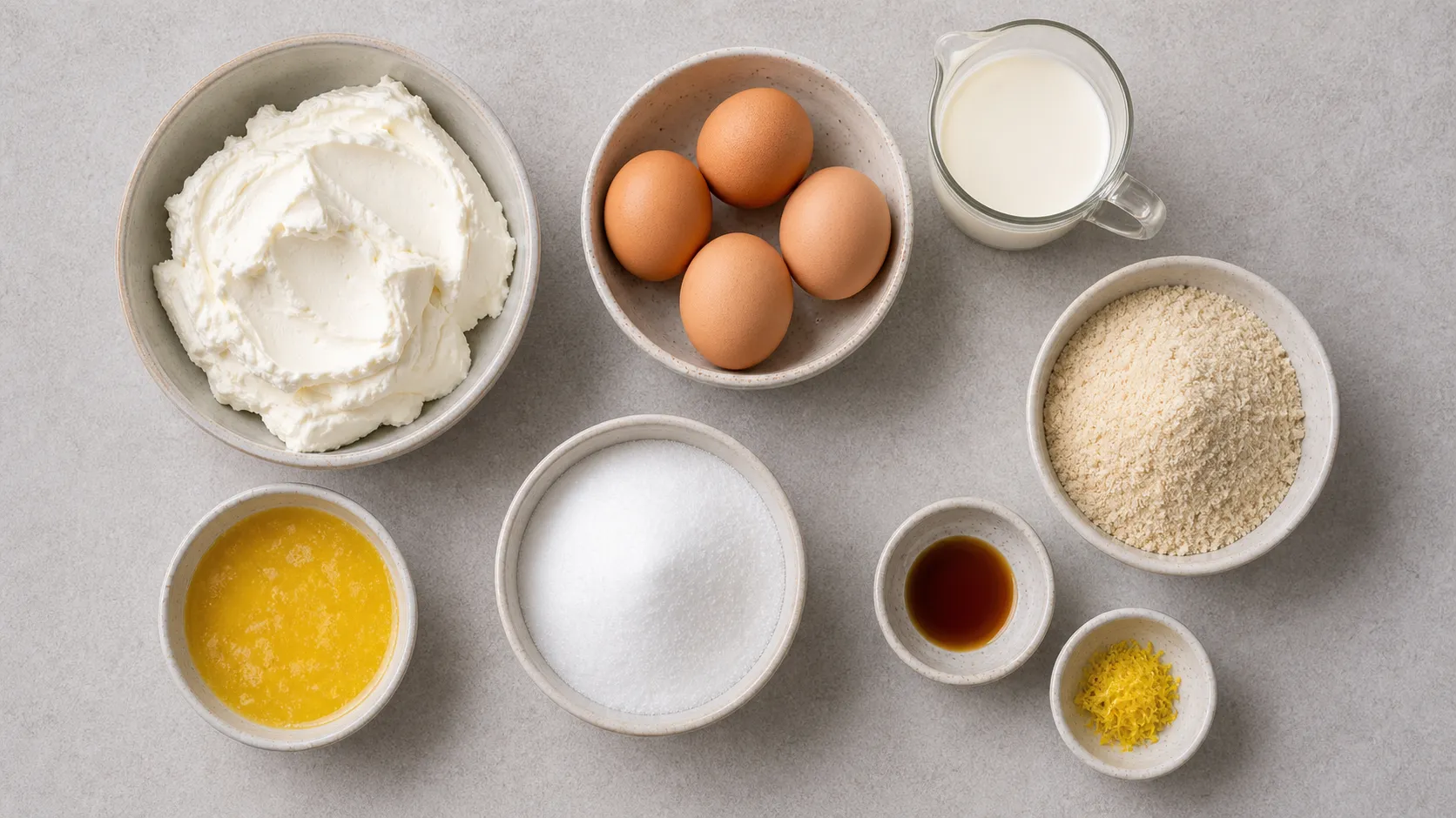 Zutaten für Keto Käsekuchen: Frischkäse, Eier, Mandelmehl, Erythrit und Sahne