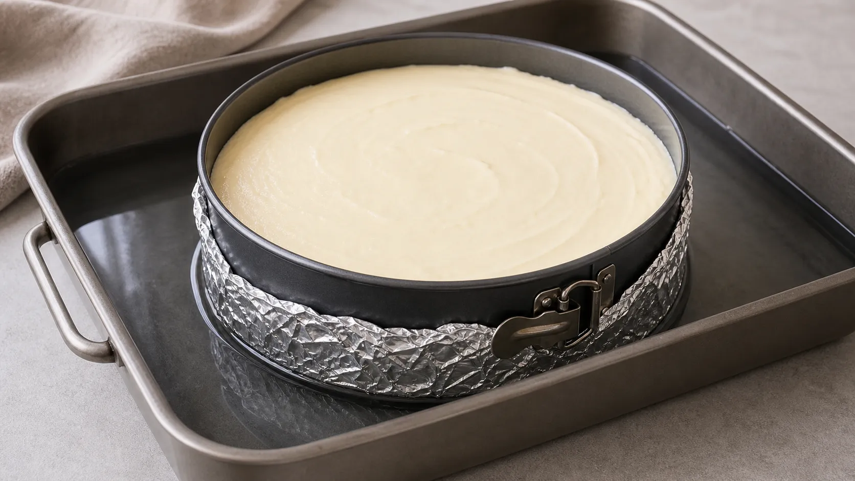 Springform mit Mandelmehlboden und cremiger Frischkäsemasse vor dem Backen im Wasserbad