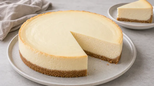 Keto Käsekuchen New York Style mit cremiger Füllung und Mandelmehlboden angeschnitten