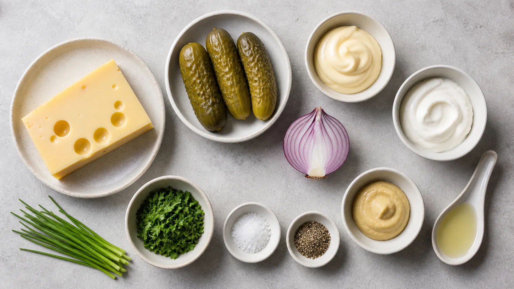 Zutaten für Keto-Käsesalat: Emmentaler am Stück, Gewürzgurken, rote Zwiebel, Schmand, Mayonnaise und Senf
