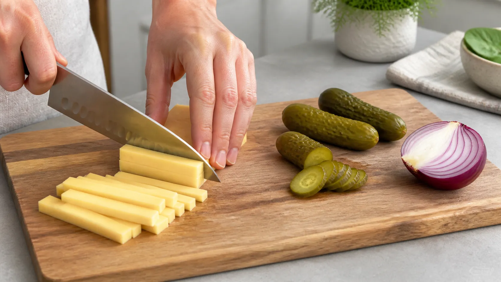 In feine Streifen geschnittener Emmentaler auf einem Brett neben aufgeschnittenen Gewürzgurken