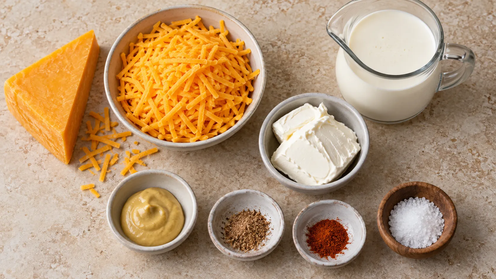 Zutaten für Keto-Käsesauce: ein Stück Cheddar am Block, Sahne, Frischkäse, Dijonsenf, Muskatnuss, Cayennepfeffer und Salz