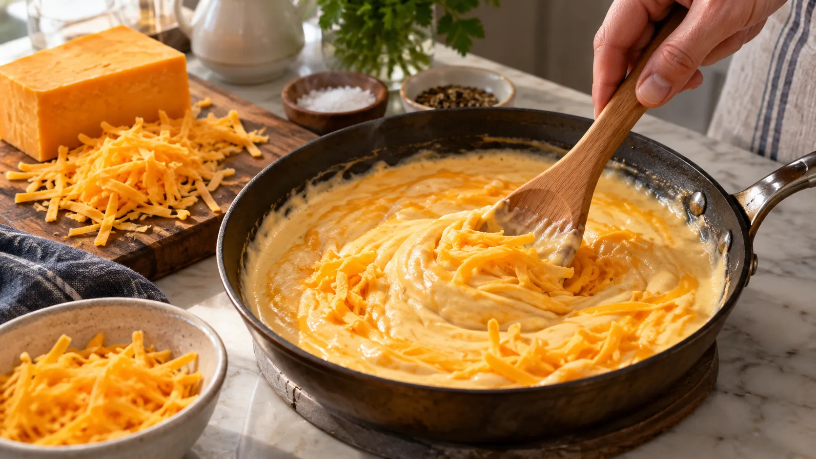 Geriebener Cheddar wird handvollweise in eine Pfanne mit heißer Sahne und Frischkäse gerührt, die Sauce zieht Fäden