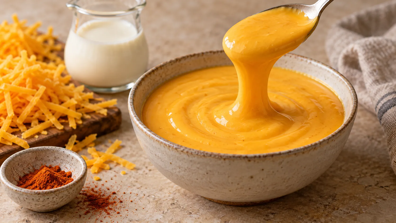 Dickflüssige orangefarbene Keto-Käsesauce läuft aus einem Kännchen über Brokkoliröschen auf einem Teller