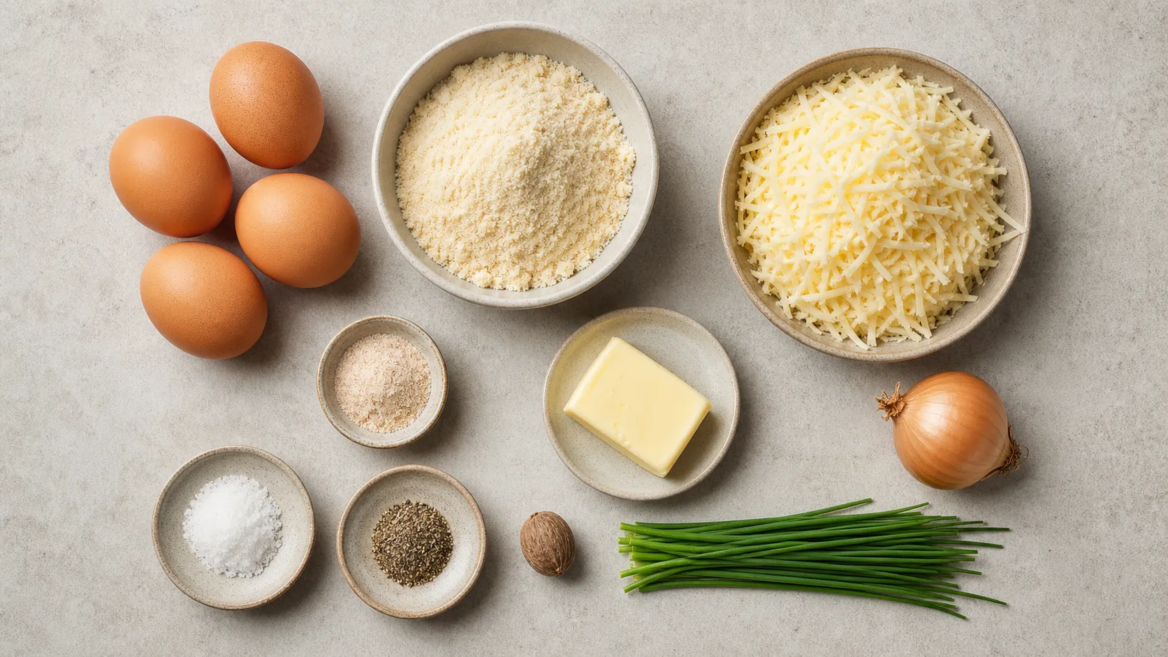 Zutaten für Keto-Käsespätzle: Eier, Mandelmehl, Flohsamenschalenpulver, geriebener Bergkäse, Butter und Zwiebeln