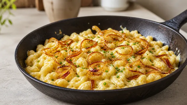 Keto-Käsespätzle mit geschmolzenem Bergkäse und goldbraunen Röstzwiebeln in einer Pfanne