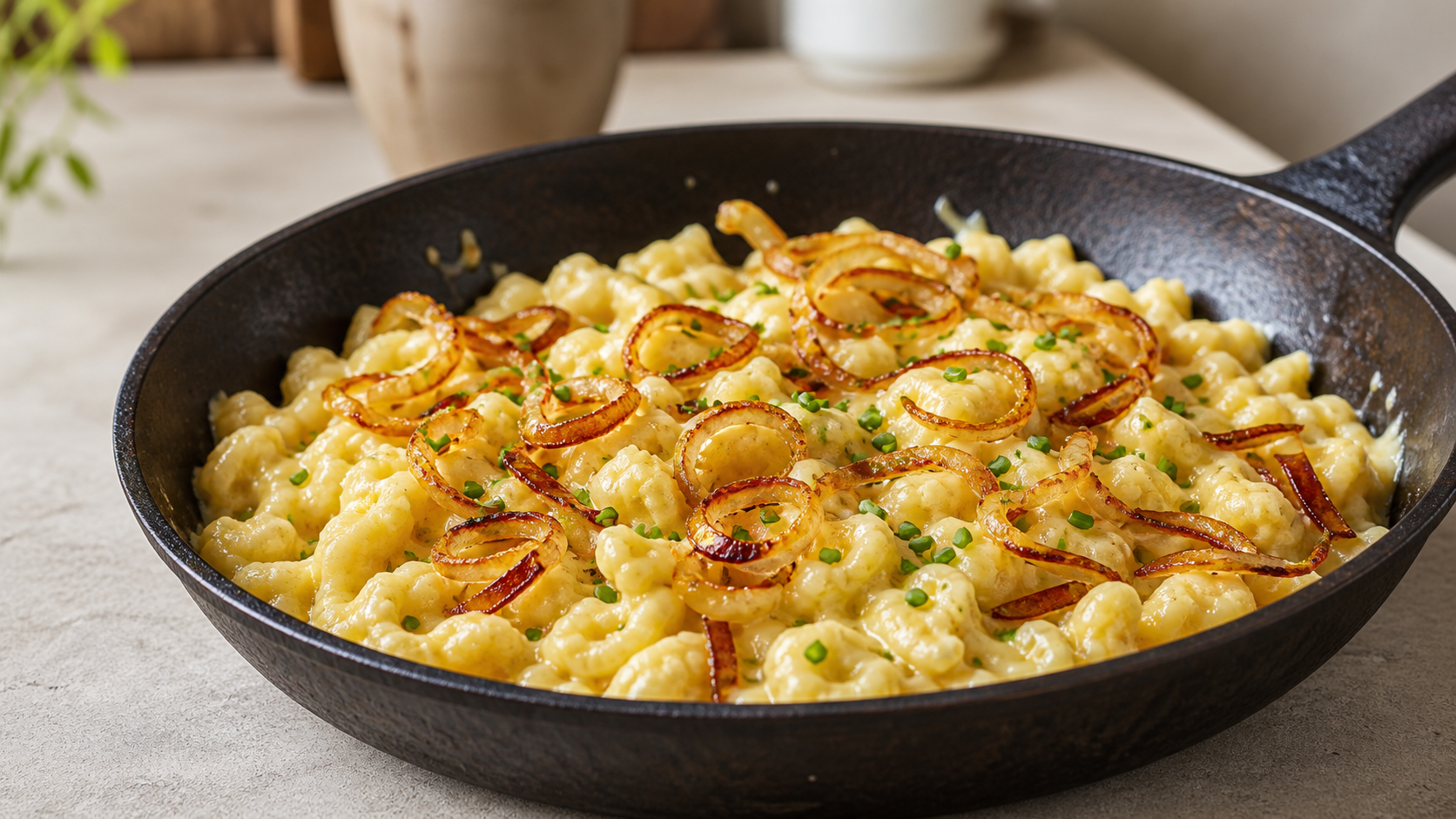 Keto-Käsespätzle mit geschmolzenem Bergkäse und goldbraunen Röstzwiebeln in einer Pfanne
