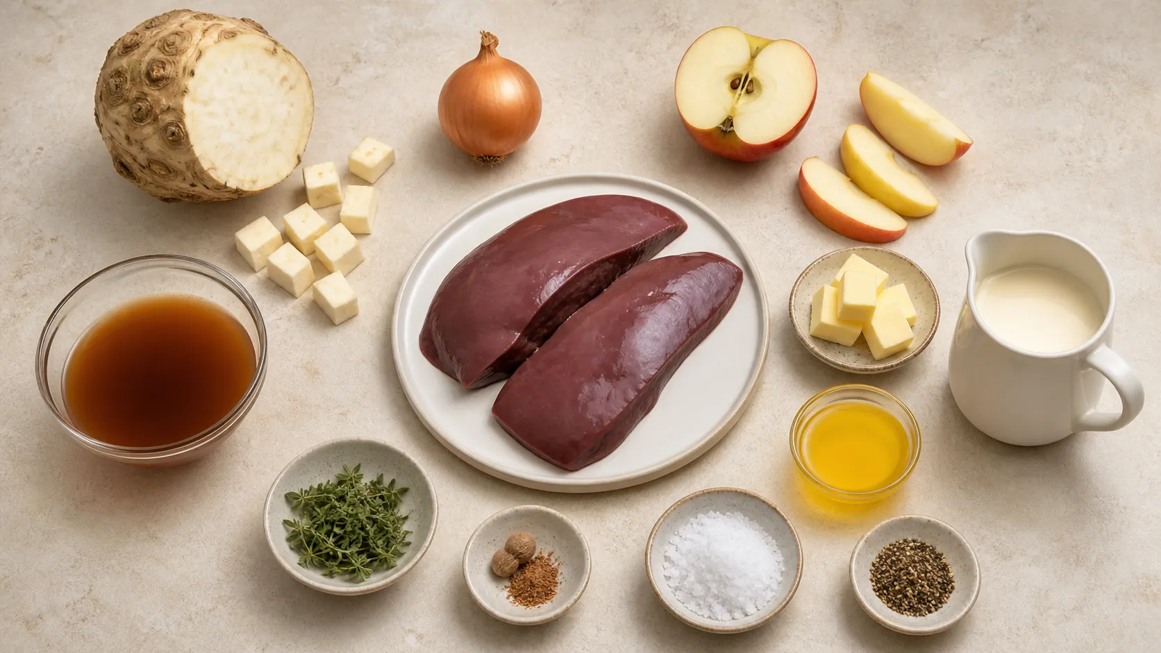Zutaten für Kalbsleber Berliner Art: rohe Kalbsleberscheiben, Knollensellerie, Zwiebel, säuerlicher Apfel, Butter, Sahne und Majoran