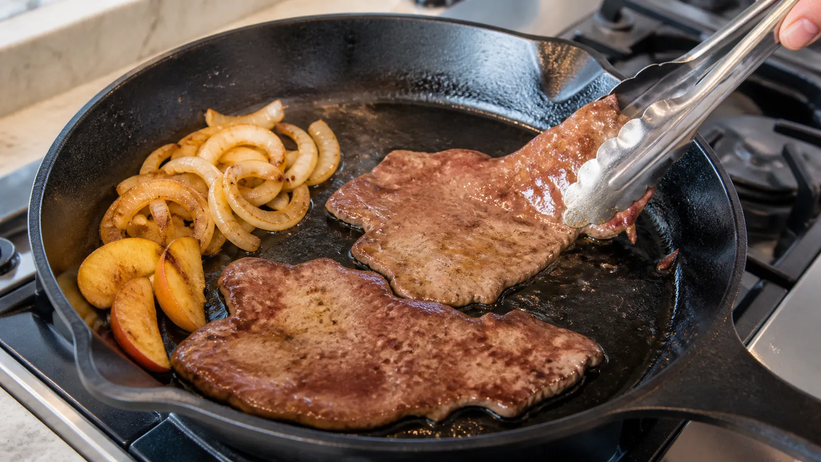 Kalbsleberscheiben braten in einer gusseisernen Pfanne in Butterschmalz, daneben liegen bereits gebräunte Zwiebelringe