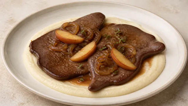 Teller mit dünn gebratener Kalbsleber, goldbraunen Zwiebelringen und Apfelscheiben auf cremigem Selleriepüree mit Majoran