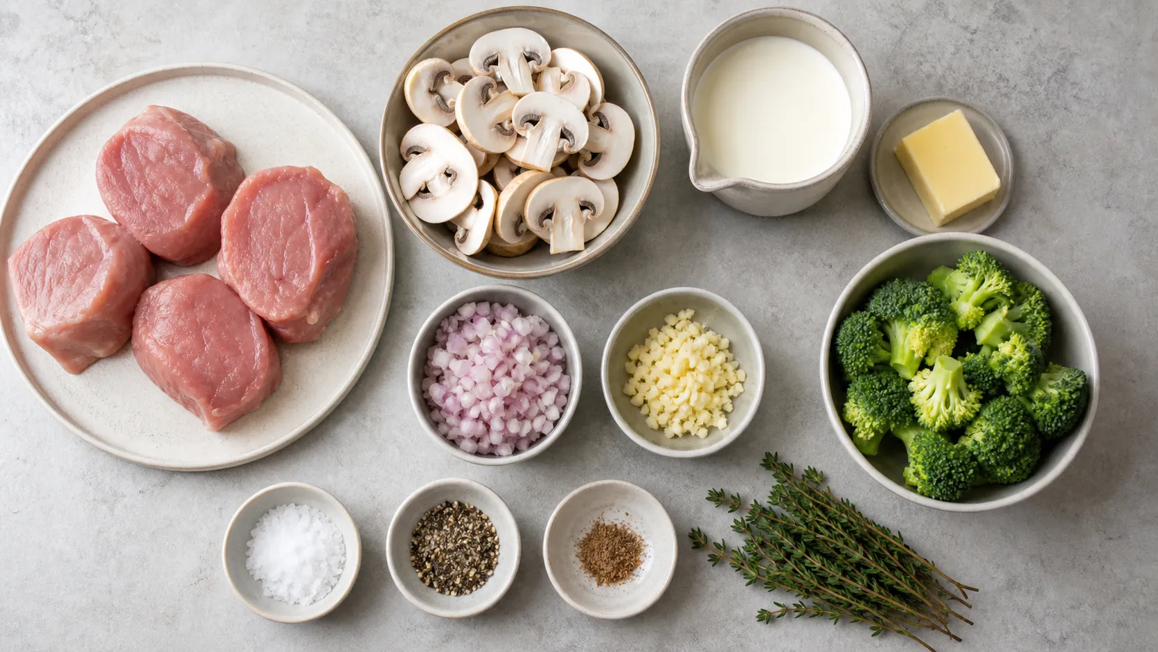Zutaten für Keto Kalbsmedaillons mit Champignons, Sahne, Butter, Brokkoli und Thymian