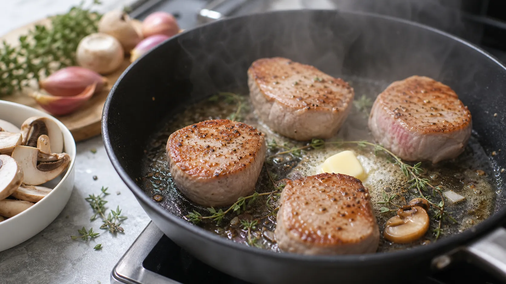 Kalbsmedaillons braten in Butter mit Champignons in einer Pfanne