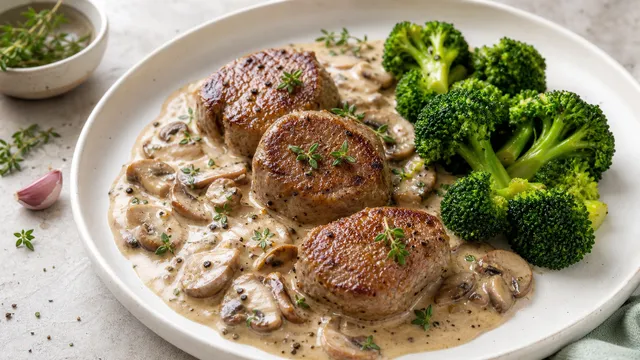 Keto Kalbsmedaillons mit Pilz-Sahne-Sauce und Brokkoli fertig angerichtet