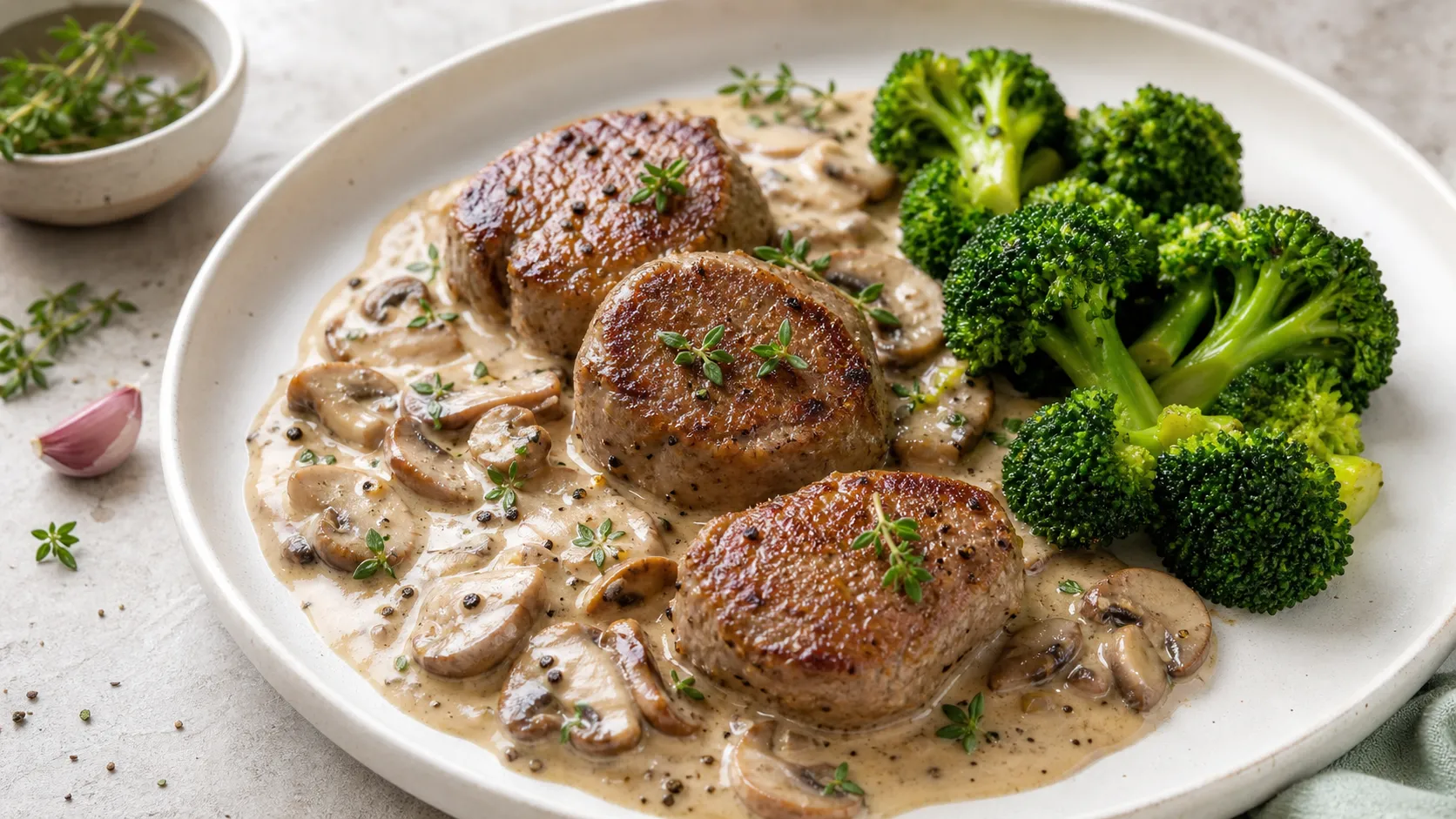 Keto Kalbsmedaillons mit Pilz-Sahne-Sauce und Brokkoli fertig angerichtet